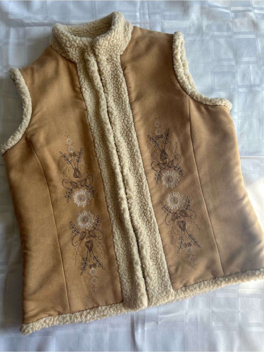 David Brooks Vintage Tan Sherpa-Lined Vest with Embroidered Front Details